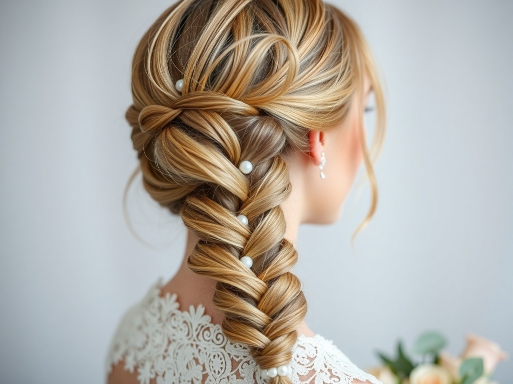 Fishtail braid hairstyle adorned with pearl accents for brides