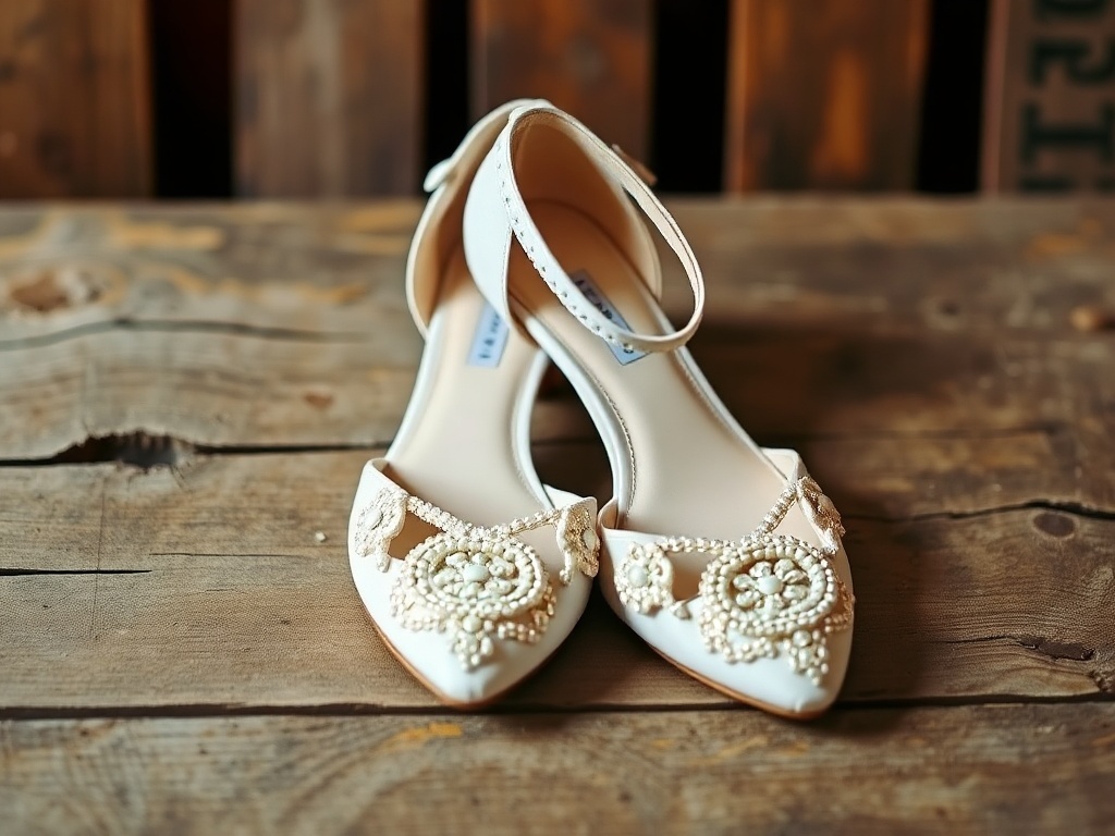 Artisanal handcrafted bridal shoes with beads and pearls