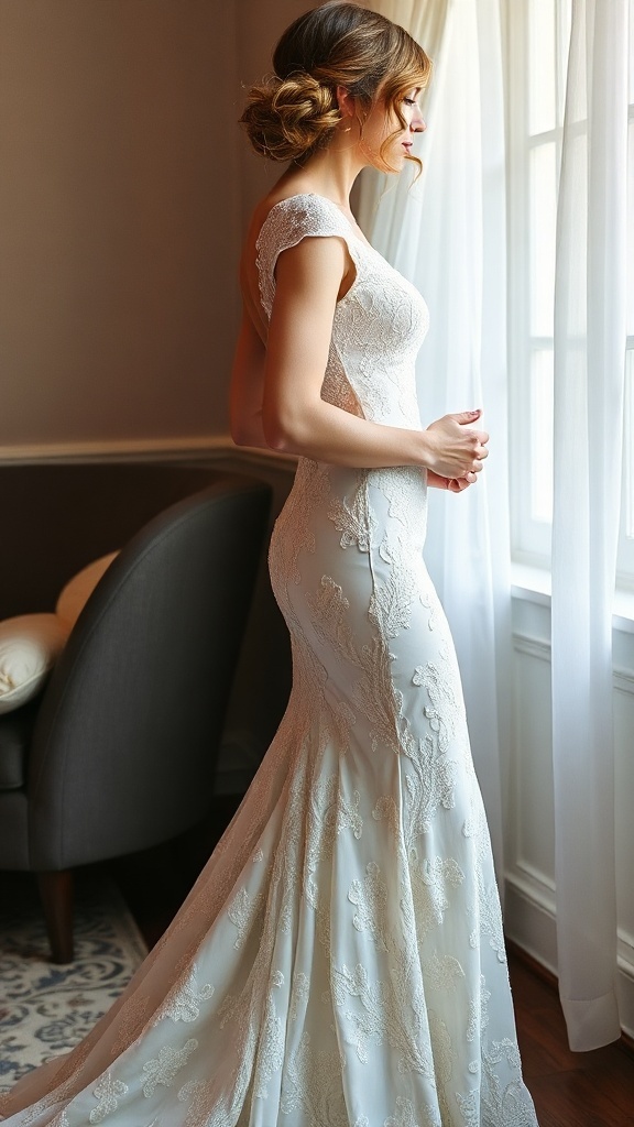A close-up of a bridal gown featuring delicate lace cap sleeves and floral embroidery.
