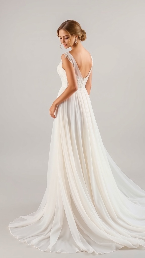 Elegant plus size wedding dress with chiffon fabric and soft draping.