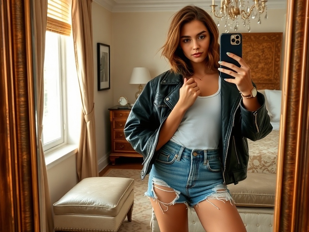 Fashion model wearing edgy ripped denim shorts and a leather jacket taking a selfie in a luxury bedroom