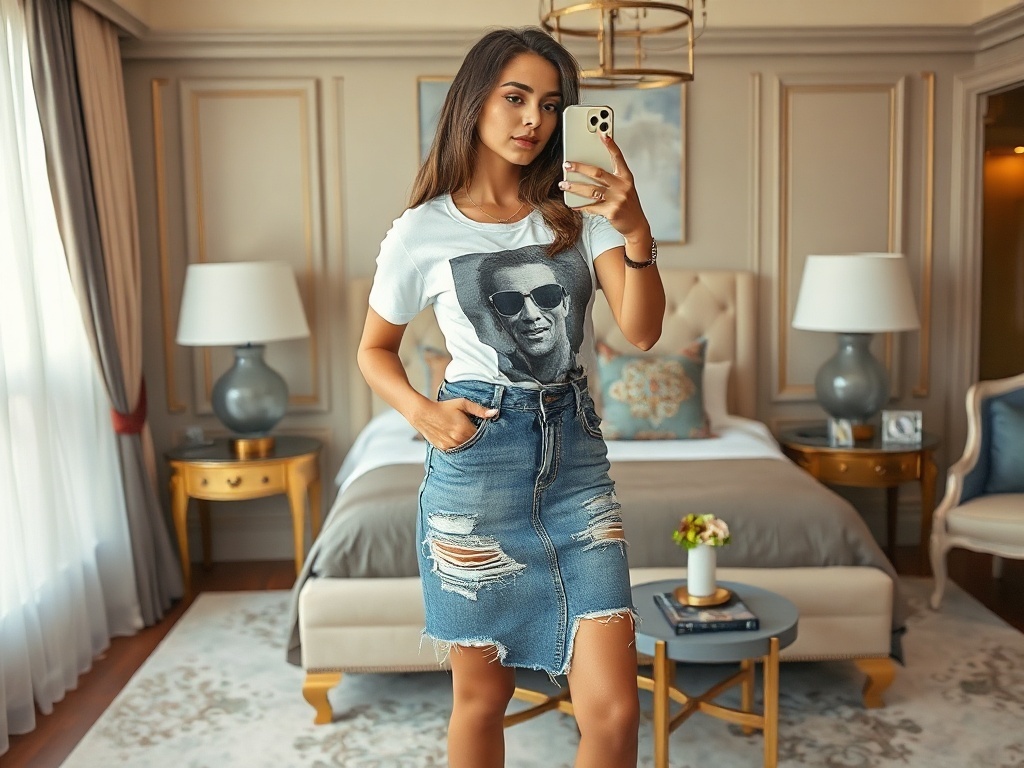 Fashion model taking a selfie in a luxury bedroom wearing a distressed denim skirt and graphic tee.