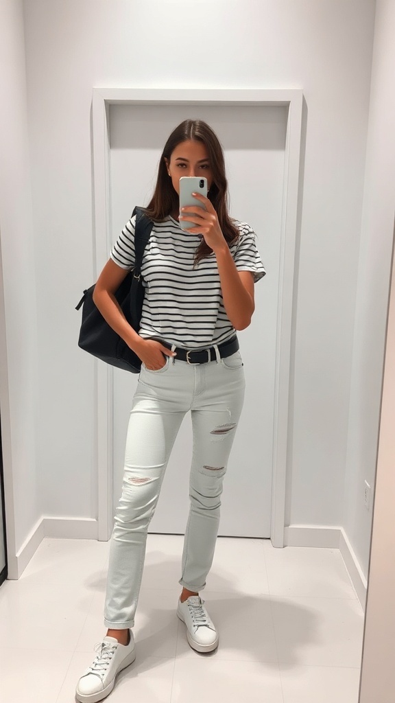 A fashion model taking a selfie in front of a mirror, wearing white jeans and a striped tee.