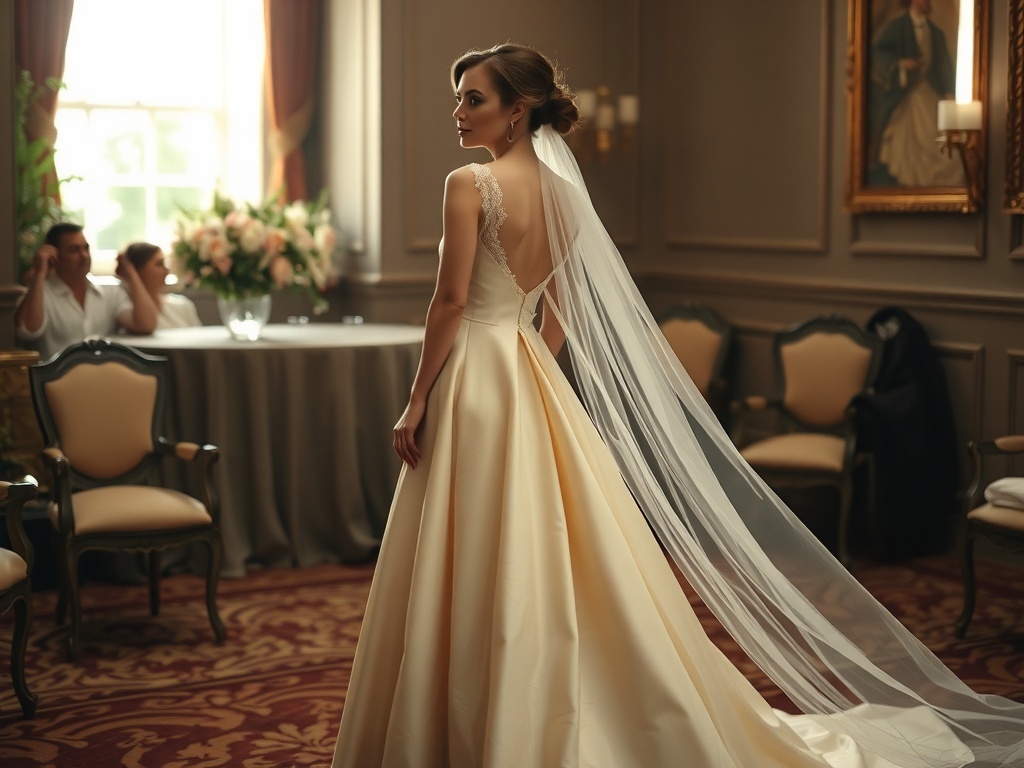 A bride in a beige vintage style A-line wedding dress looking back with her veil and train flowing.