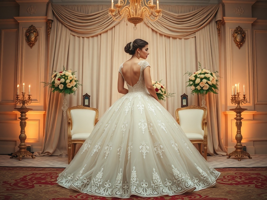 A vintage inspired ball gown with a beautiful train, set in a luxurious wedding backdrop.