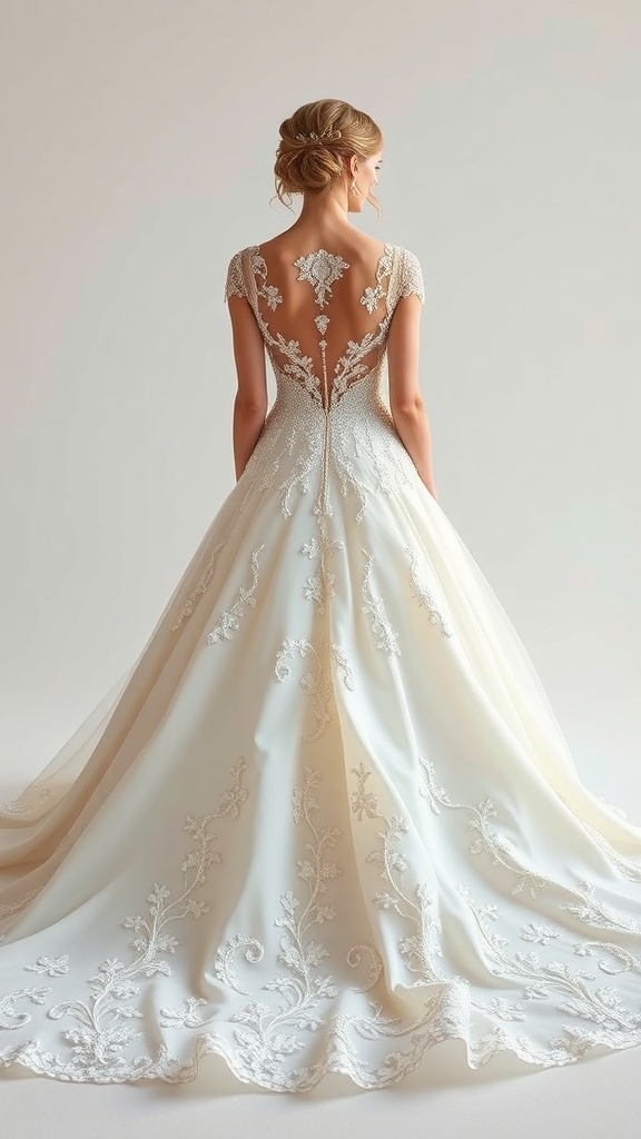 Elegant ball gown wedding dress with floral embroidery and a train