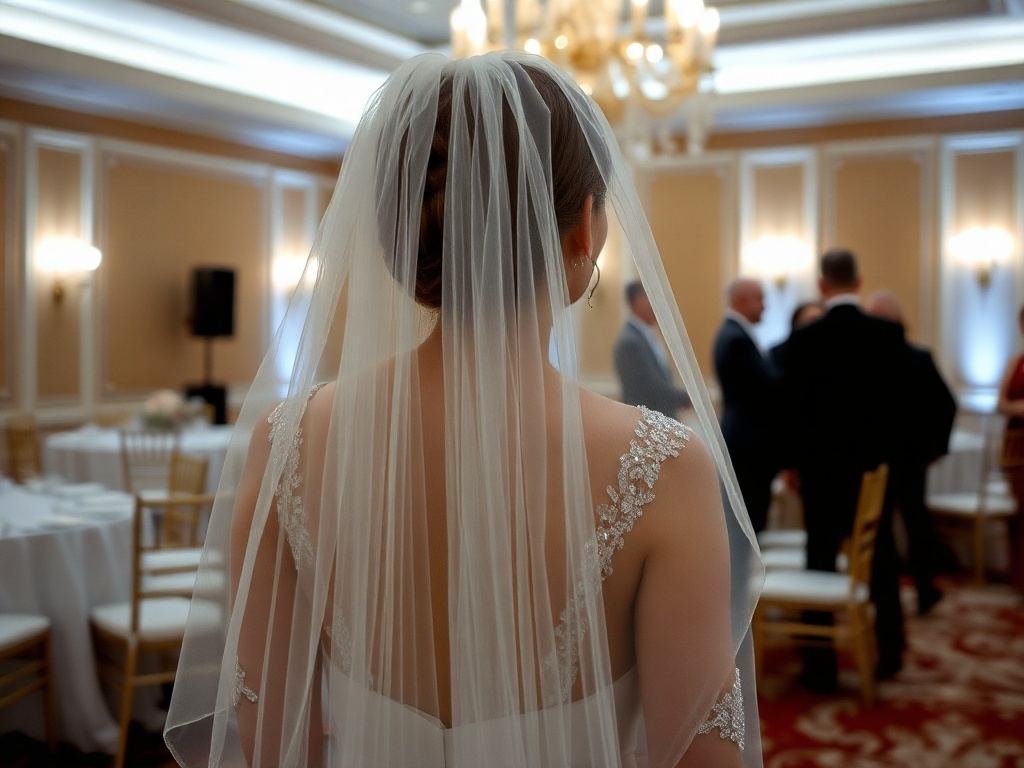A bride's back view with a sophisticated veil and crystal embellishments