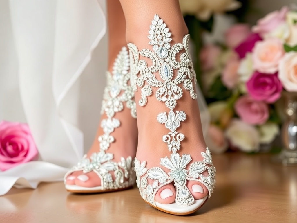 Close-up of bridal open-toe heels with beadwork and floral background.