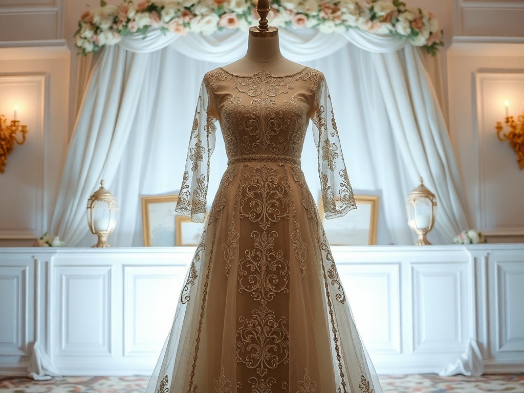 A beige vintage style wedding dress with elegant lace detailing displayed in a luxurious setting.