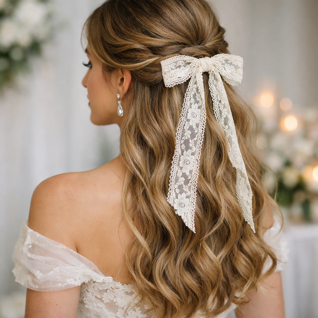 A bride's half-up half-down hairstyle featuring a lace ribbon.